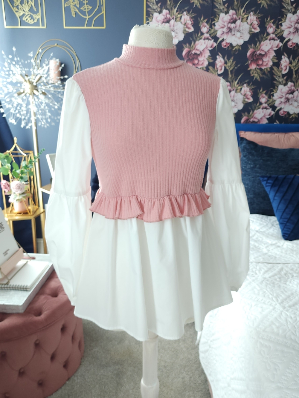 Women’s Pink Ruffle Hem Mock Neck Layered Top, Size S